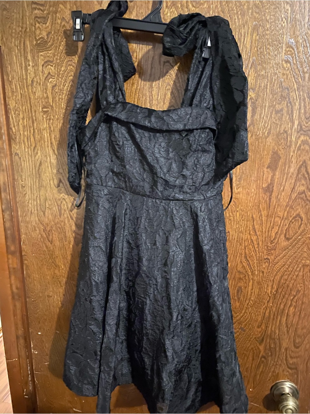 Elegant Black bow tie straps Textured A-Line Dress